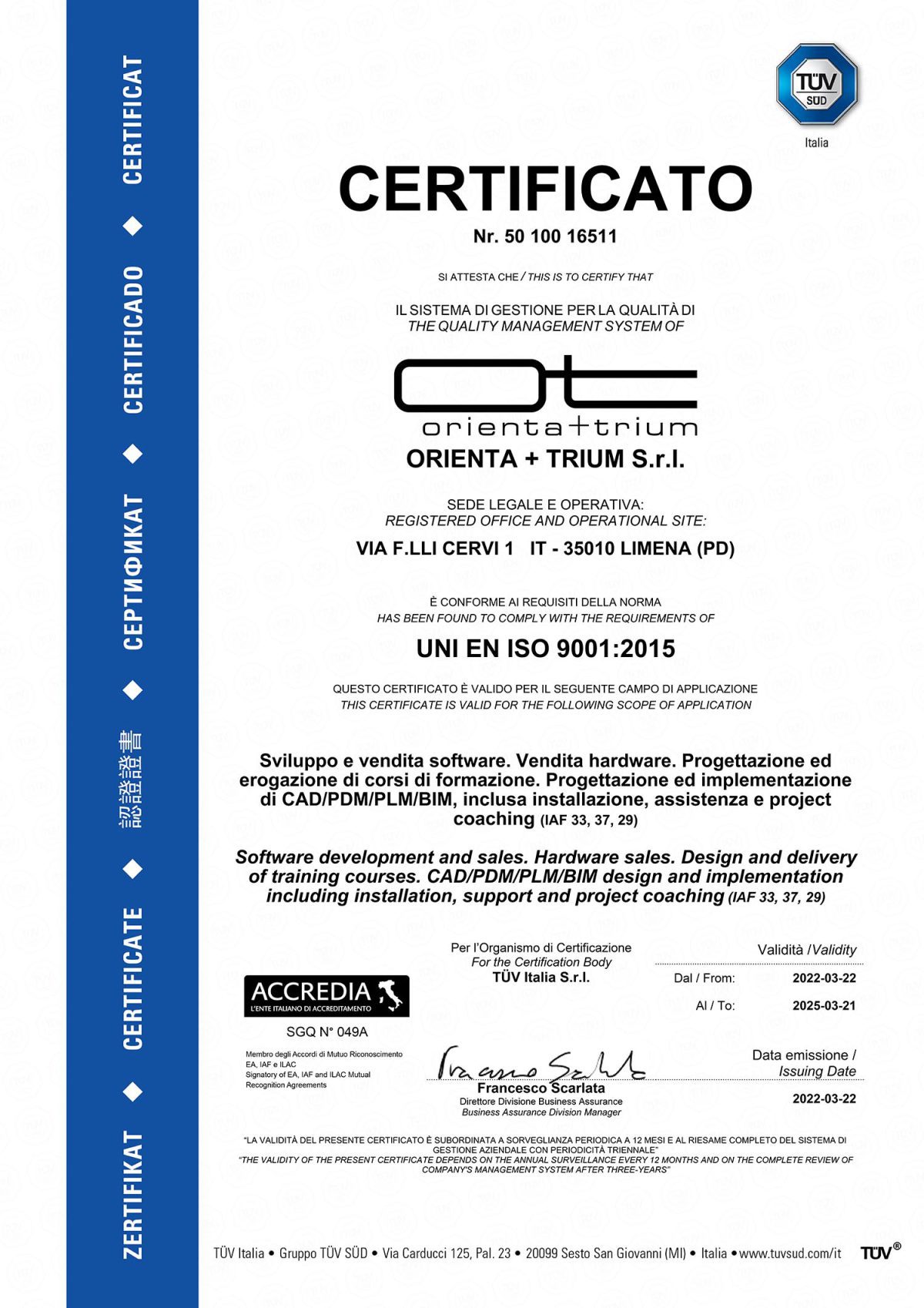 Certificazione ISO 9001:2015 | Orienta+Trium